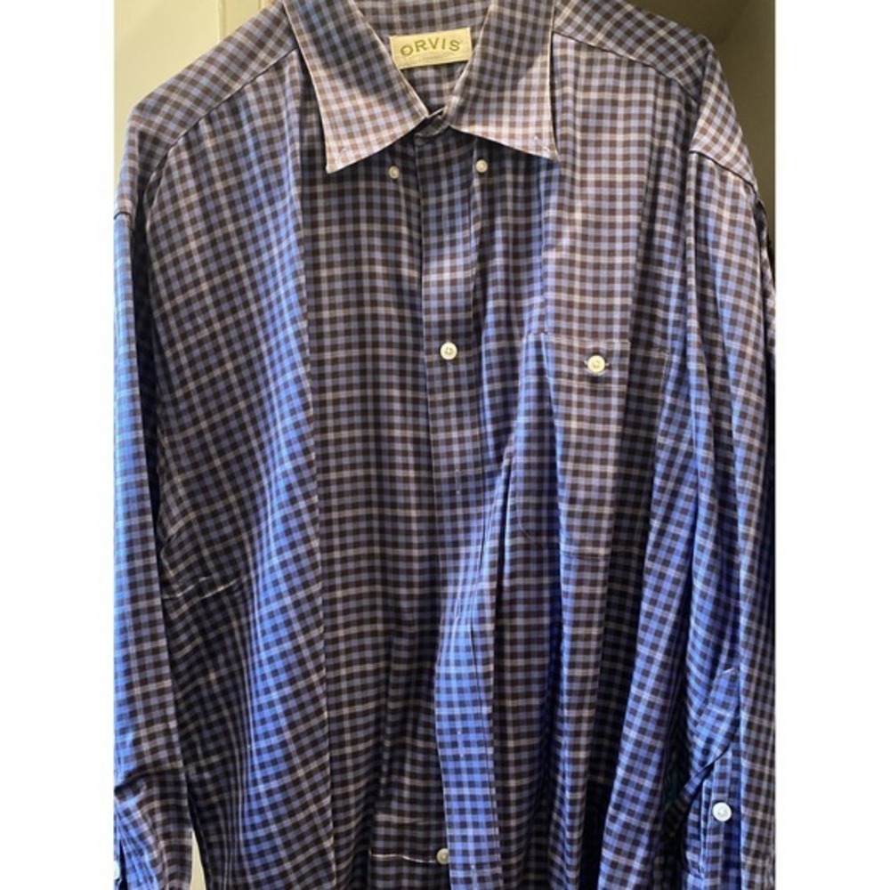 Orvis Men's XXL Blue‎ Black Plaid  Long Sleeve 100% Cotton 3653